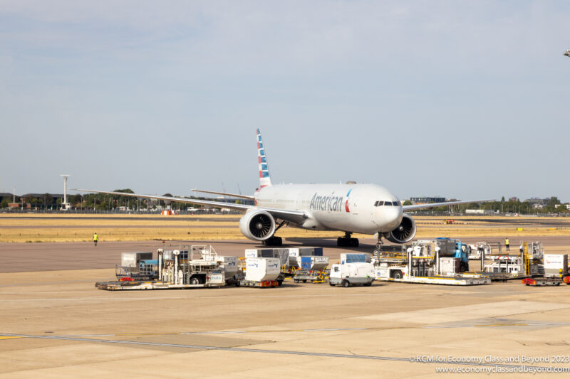 American Airlines Boeing 777-300ER pushing back at London Heathrow - Image, Economy Class and Beyond