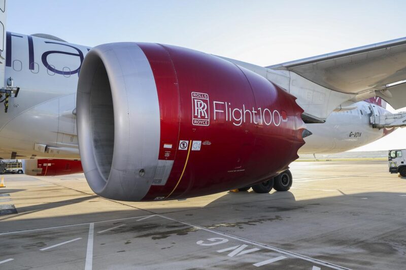 a large red and white airplane engine