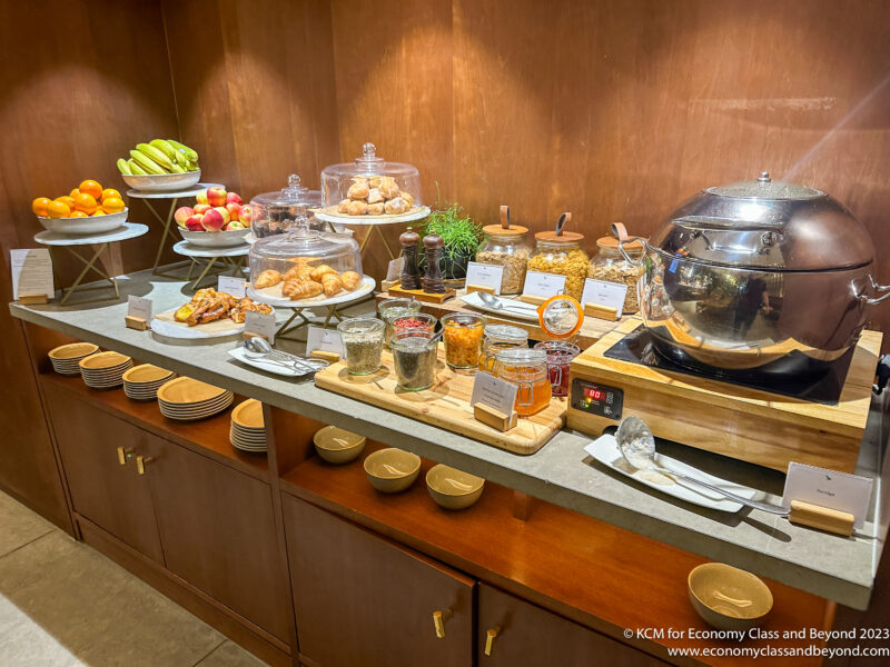 a buffet table with food on it