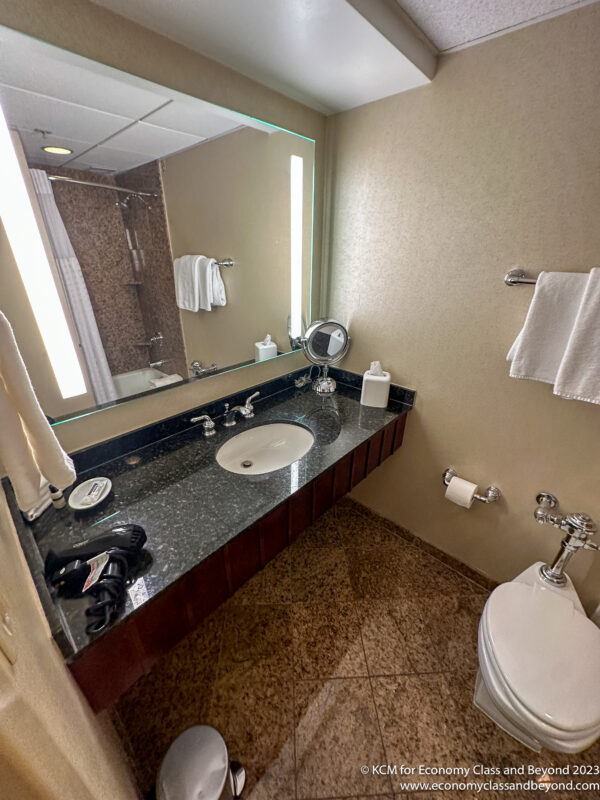 a bathroom with a marble countertop and a toilet
