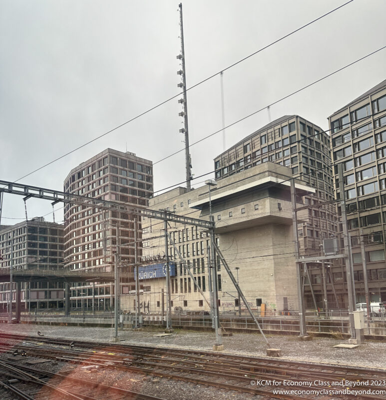 a train tracks and buildings