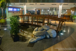 a bridge over a pond with rocks and plants
