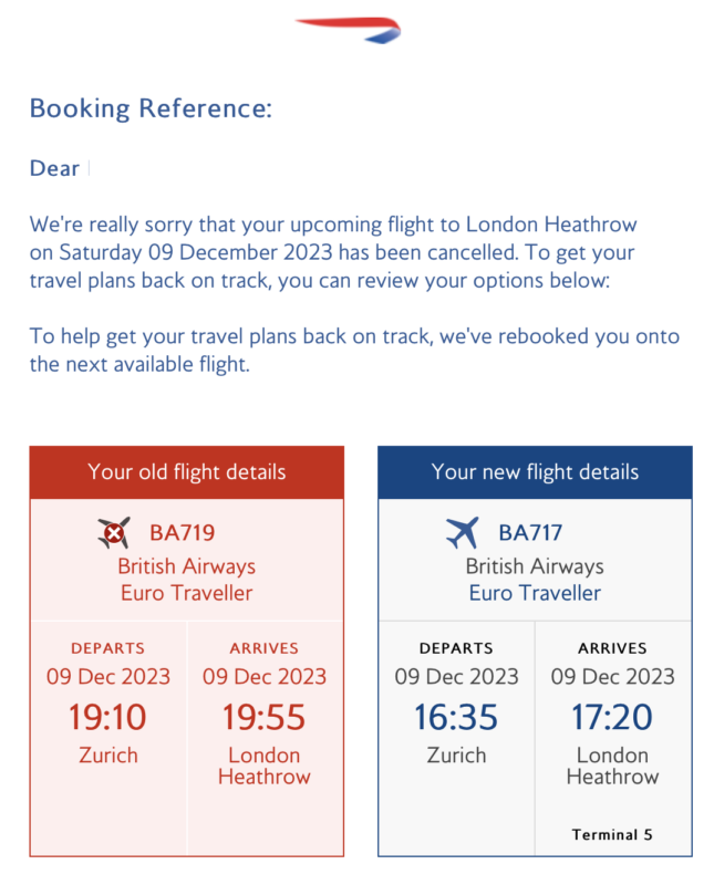 British Airways - Flight change