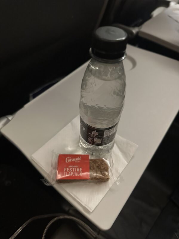 British Airways 749 - bottle of water and flapjack 