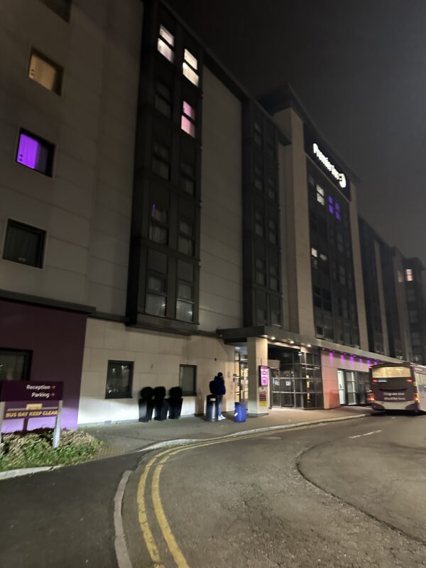 a building with purple lights