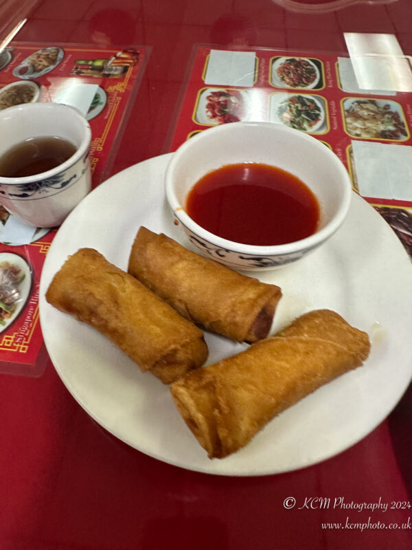 a plate of fried egg rolls and sauce