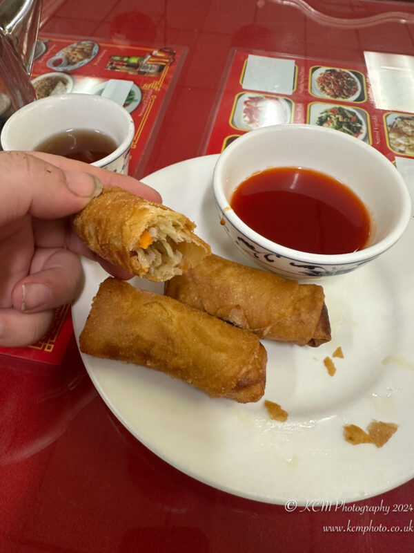 a hand holding a fried egg roll with dipping sauce