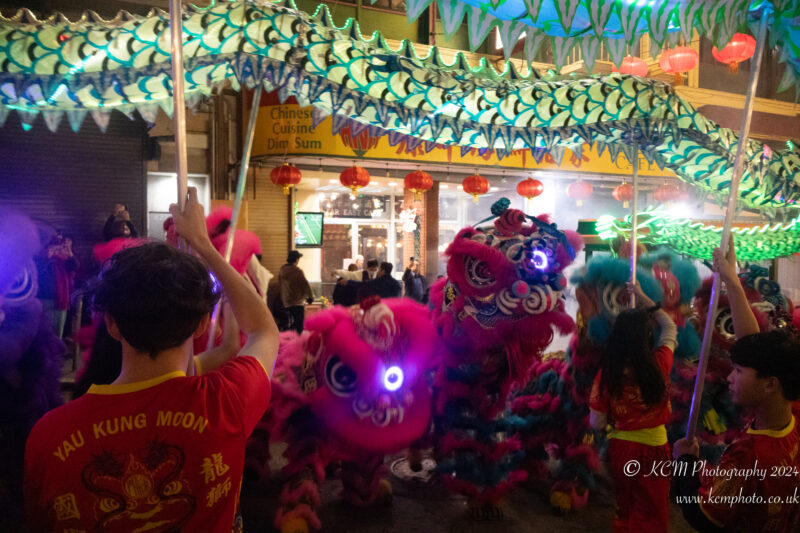 people in a street with a group of pink lion dance