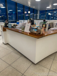 a counter in a room with a large window