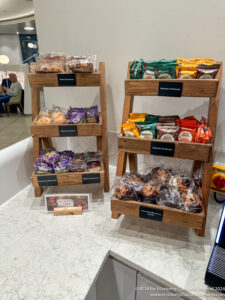 a shelves of food on a counter
