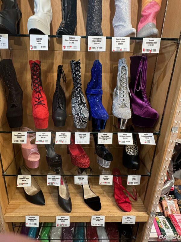 a display of shoes on shelves