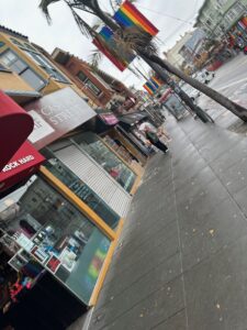 a street with shops and stores on the side