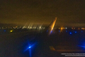 an airplane wing at night