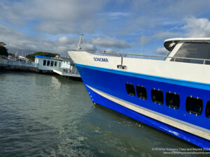 a blue and white boat in water