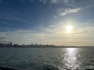 a body of water with a city in the background