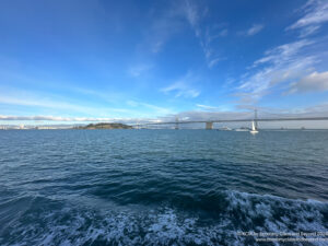 a body of water with a bridge and a city in the background