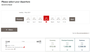 SWISS TImings for Seoul route