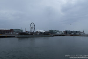 a water body with a ferris wheel in the background