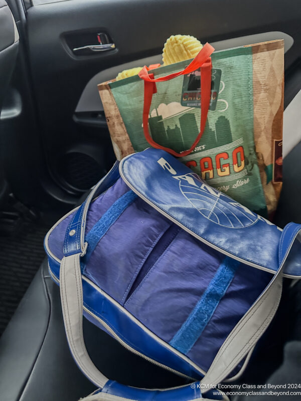 a bag and a bag on the seat of a car