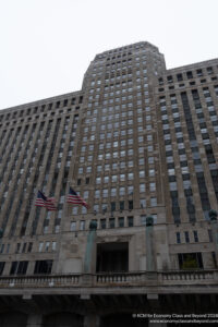 a building with flags in front of it