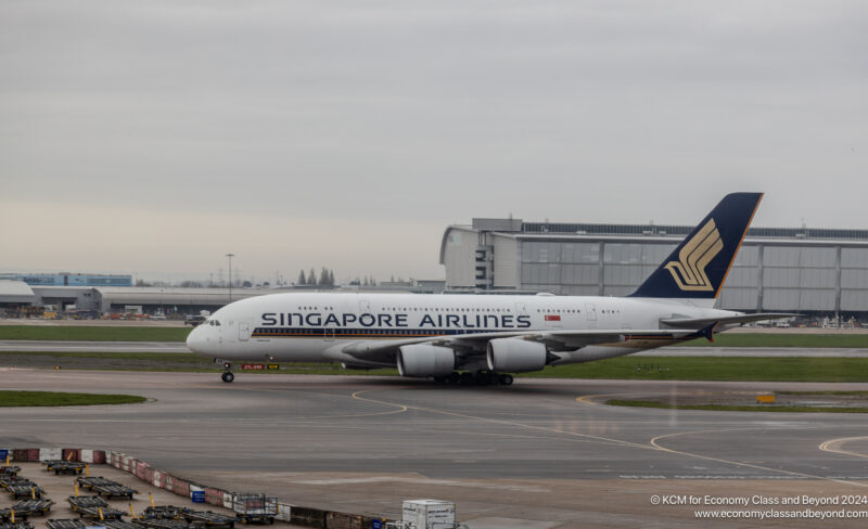 Singapore Airlines Airbus A380 taxiing at London Heathrow Airport - Image, Economy Class and Beyond