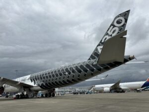 a large airplane with a checkered pattern on it