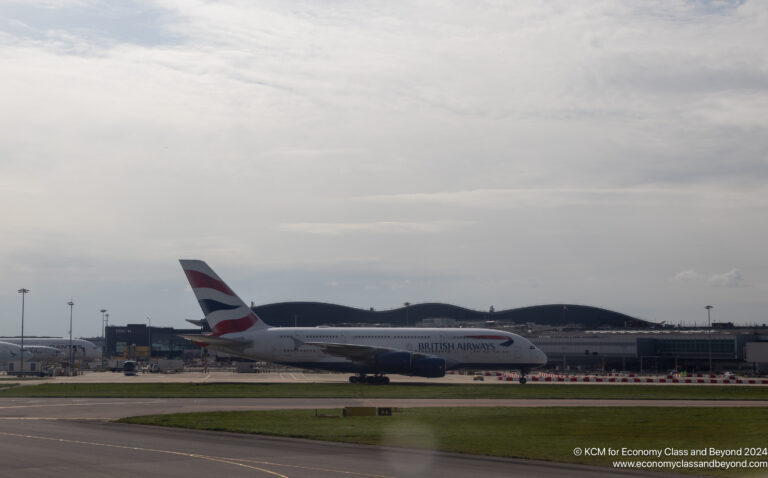 British Airways Airbus A380 taxiing to London Heathrow Terminal 5 ...