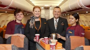 a group of people standing in a plane