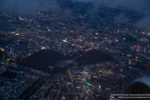 an aerial view of a city at night