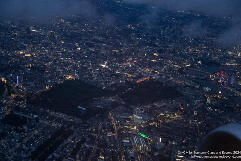 an aerial view of a city at night