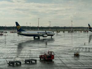 a plane on a wet runway