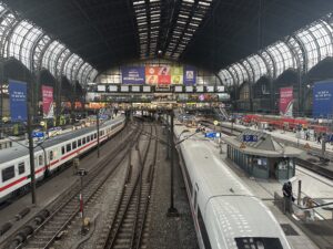 a train station with trains