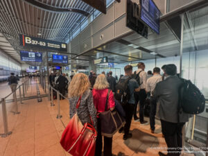 a group of people standing in a line