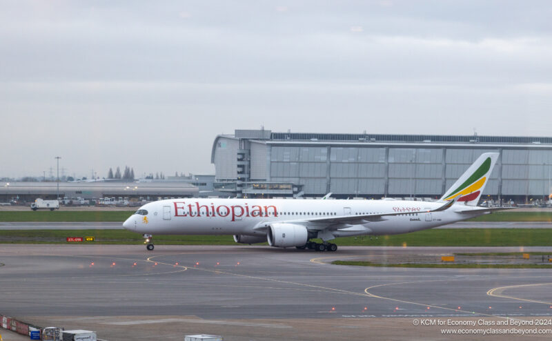 Ethiopian Airlines Airbus A350-900 rolls at London Heathrow Airport – picture, economy class and more