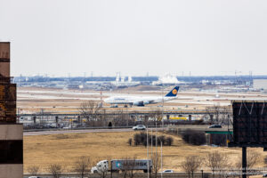 Lufthansa Boeing 747-8 arriving at Chicago O'Hare International