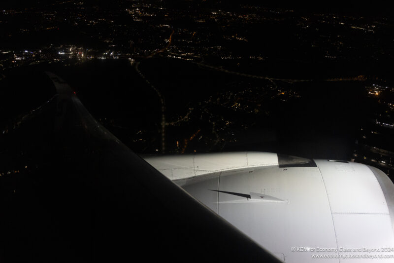 an airplane wing at night