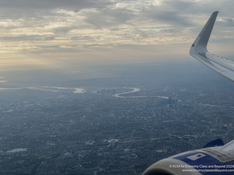 a view of a city from an airplane window