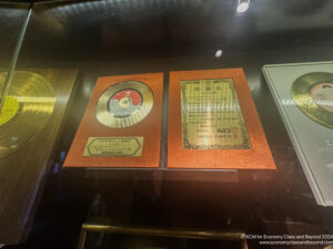 a gold and silver records in a glass case