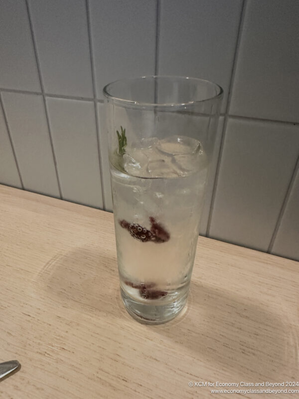 a glass of water with ice and a plant