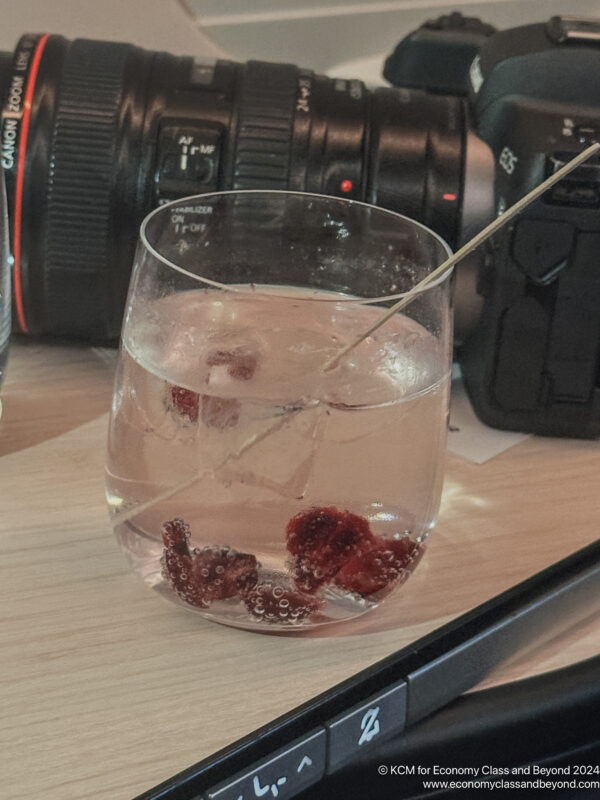 a glass of liquid with ice and a stick in it