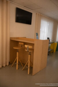 a table with stools in a room