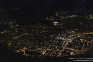 an aerial view of a city at night