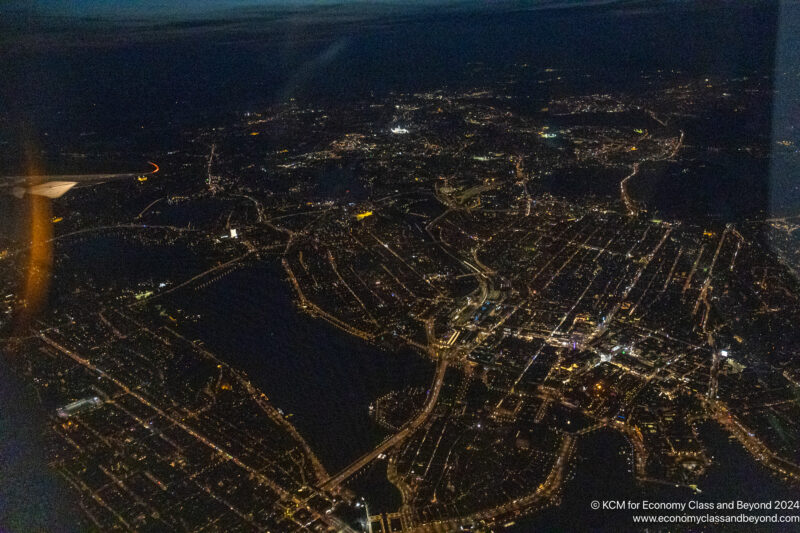 an aerial view of a city at night