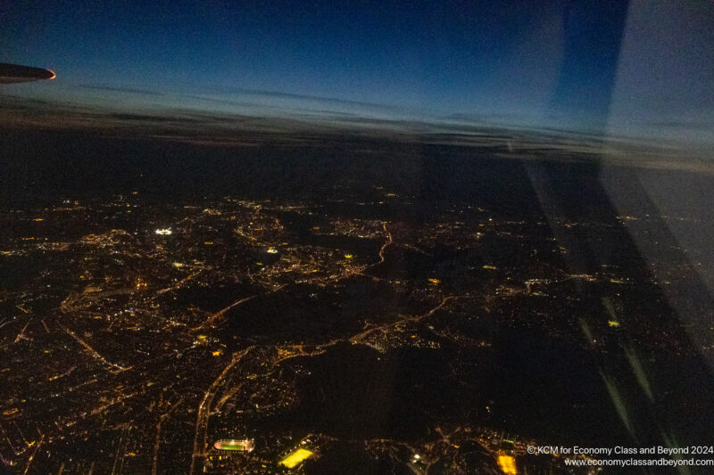 an aerial view of a city at night