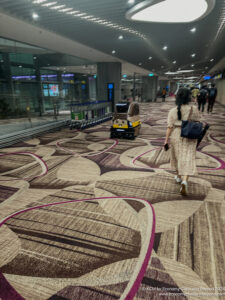 a woman walking in a hallway with luggage carts