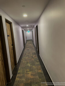 a hallway with doors and a light on the ceiling