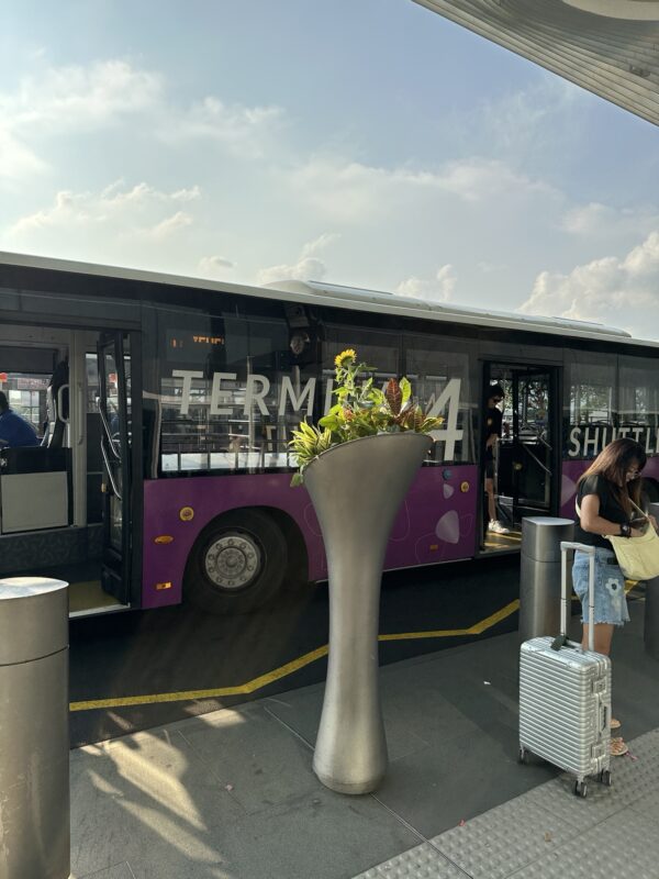 a bus with a flower pot and luggage