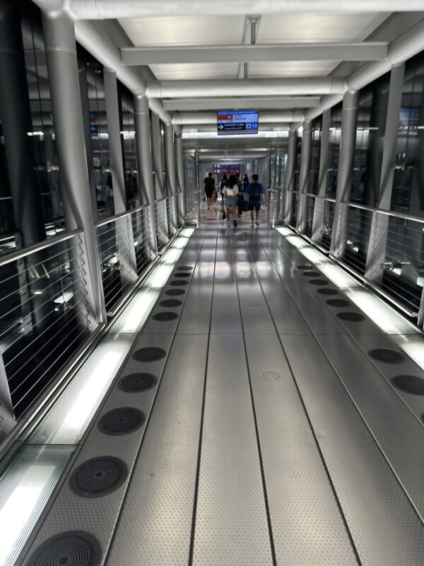 a walkway with people walking on it