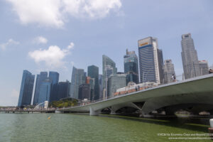a bridge over water with a city in the background