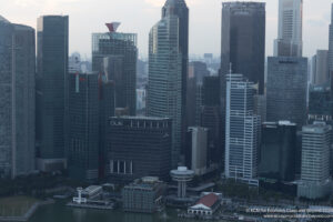 a city skyline with tall buildings